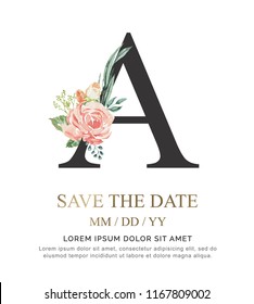 Alphabet A flower font made of paint floral and leaf watercolor on paper. Vector Hand Drawn letter A paint luxury design. Sweet collection for wedding invites decoration card and other concept ideas.