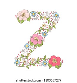 Alphabet flower vector. Hand drawn.