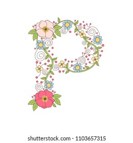 Alphabet flower vector. Hand drawn.