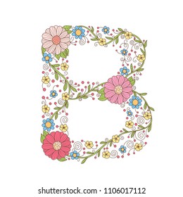 Alphabet flower vector. Hand drawn.