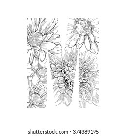 Alphabet from flowers drawing vector - letter M.