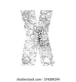 Alphabet from flowers drawing vector - letter X.