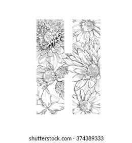 Alphabet from flowers drawing vector - letter H.