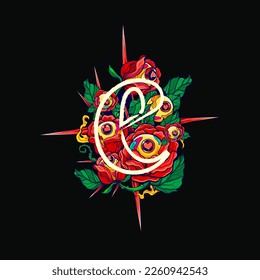 Alphabet Flowers Thorny Rose and Love Letter e