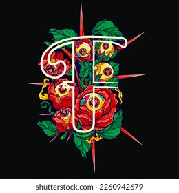Alphabet Flowers Thorny Rose and Love Letter F Hand Drawn