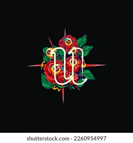 Alphabet Flowers Thorny Rose and Love Letter u