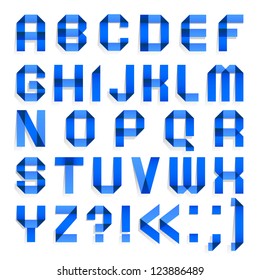 Alphabet folded of colored paper - Blue letters. Roman alphabet (A, B, C, D, E, F, G, H, I, J, K, L, M, N, O, P, Q, R, S, T, U, V, W, X, Y, Z).