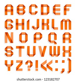 Alphabet folded of colored paper - Orange letters. Roman alphabet (A, B, C, D, E, F, G, H, I, J, K, L, M, N, O, P, Q, R, S, T, U, V, W, X, Y, Z).