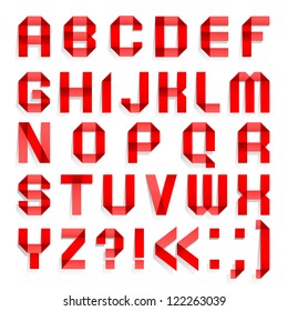 Alphabet folded of colored paper - Red letters. Roman alphabet (A, B, C, D, E, F, G, H, I, J, K, L, M, N, O, P, Q, R, S, T, U, V, W, X, Y, Z).