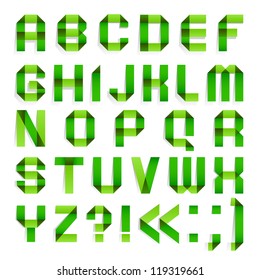 Alphabet folded of paper - Green letters.  Roman alphabet (A, B, C, D, E, F, G, H, I, J, K, L, M, N, O, P, Q, R, S, T, U, V, W, X, Y, Z).