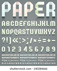 Alphabet folded of perforated paper, vector illustration. Four different colors