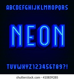 Alphabet font. 3D type letters with blue neon tubes and shadows. Vector typeface for your design.