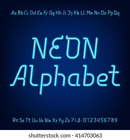 Alphabet font. Blue neon lowercase, uppercase letters and numbers on a dark background. Vector typeface for labels, titles, posters etc.