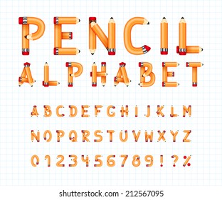 Alphabet And Font In The Form Of A Pencil.