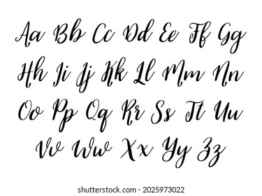 Alphabet font. Handwritten alphabet for text. Calligraphy script for typography. Hand drawn cursive font. Calligraphic letter of abc. Design of brush art for graphic and english typeface. Vector.