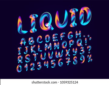 Alphabet font of melting liquid gradient. Fluid colorful letter. Abstract soft English alphabet font. Design 3d numbers sign isolated on black background. Vector illustration