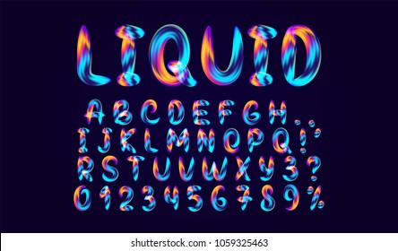 Alphabet font of melting liquid gradient. Fluid colorful letter. Abstract soft English alphabet font. Design 3d numbers sign isolated on black background. Vector illustration