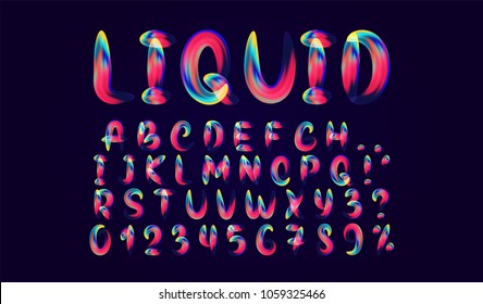 Alphabet font of melting liquid gradient. Fluid colorful letter. Abstract soft English alphabet font. Design 3d numbers sign isolated on black background. Vector illustration