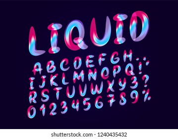 Alphabet font of melting liquid gradient. Fluid colorful letter. Abstract soft English alphabet font. Design 3d numbers sign isolated on black background. Vector illustration