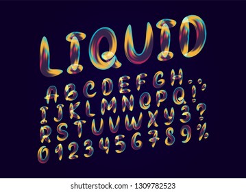 Alphabet font of melting liquid gradient. Fluid colorful letter. Abstract soft English alphabet font. Design 3d numbers sign isolated on black background. Vector illustration