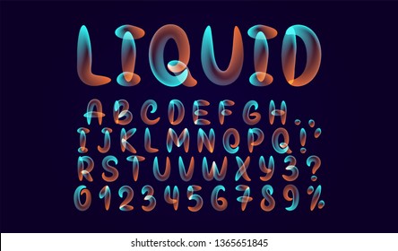 Alphabet font of melting liquid gradient. Fluid colorful letter. Abstract soft English alphabet font. Design 3d numbers sign isolated on black background. Vector illustration