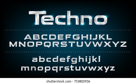 Alphabet font. Metallic, silver effect italic letters on a dark background. alphabet vector typeface glowing text effect. ABC, Lowercase and uppercase letters