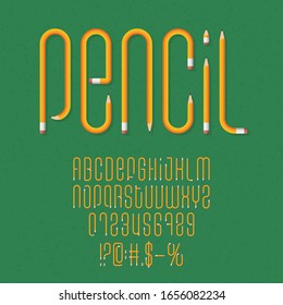 Alphabet font with numbers and symbols formed by yellow pencil. Vector pencil font on a school green board background
