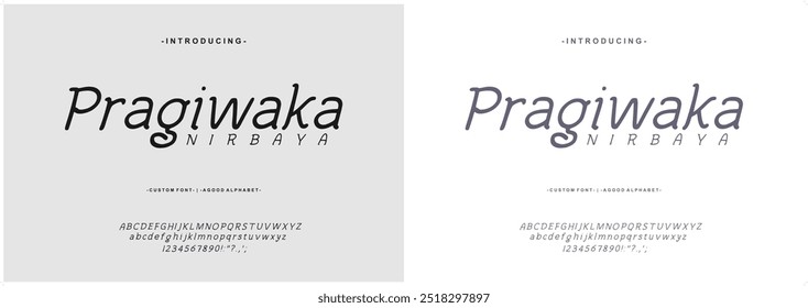 Fonte do alfabeto Pragiwaka Nirbaya fonte script estilo letra elegante maiúscula, minúscula e número. 
Desenho à mão de fonte Vetor ilustração lettering elegante  