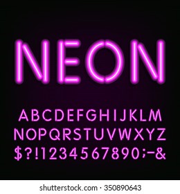 Alphabet Font. Purple neon tube type letters and numbers on the dark background. Vector typeface for labels, titles, posters etc.