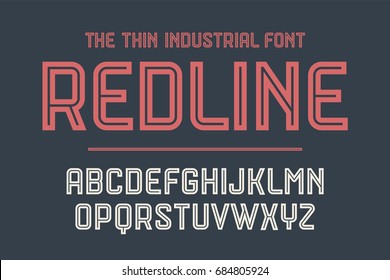 Alphabet And Font Red Line. Bold, Regular And Medium Uppercase Letters. Strong Trendy Industrial Inline Font For Creative Design, Advertising, Typographic. Vector Illustration