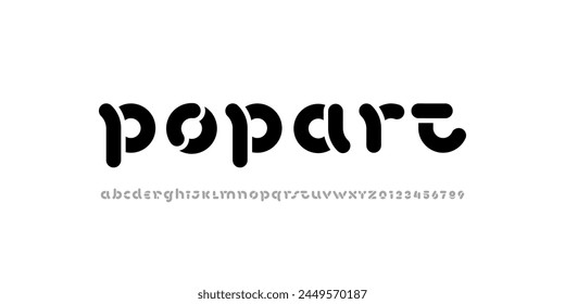 Schriftart, abgerundete Buchstaben, Buchstaben A, B, C, D, E, F, G, H, I, J, K, L, M, N, O, P, Q, R, S, T, U, V, W, X, Y, Z und Ziffern 0, 1, 2, 3, 4, 5, 6, 7, 8, 9, Vektorillustration 10EPS