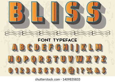alphabet Font Script Typeface handcrafted handwritten vector label design old style.Shadow Effect.vintage Hand Drawn.Retro Typography.Vector Illustration.bliss