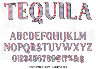 alphabet Font Script Typeface handcrafted handwritten  Shadow Effect.vintage Hand Drawn.Retro Typography.Vector Illustration tequila