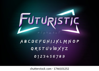 Alphabet font set with numbers on dark futuristic cyberpunk background