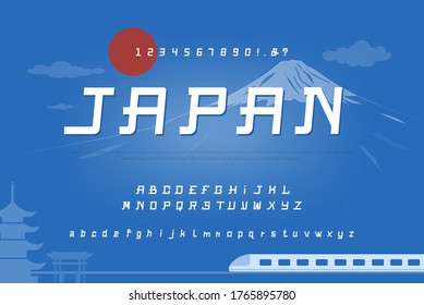 Alphabet Font Set With  Numbers On Colorful Blue Unique Japan Theme Background