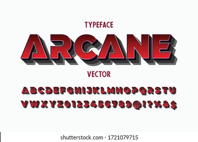 alphabet font, shadow effect, classic lettering, red style, gray background 