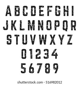 Alphabet font template. Letters broken and numbers. Vector illustration.