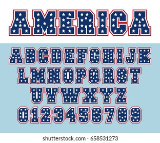 Alphabet font template. Letters and numbers USA star design. Vector illustration.