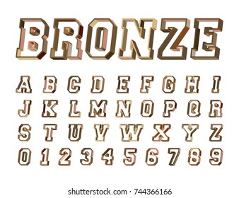 Alphabet font template. Set of letters and numbers bronze design. Vector illustration.