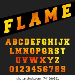 Alphabet font template. Set of letters and numbers flame design. Vector illustration.