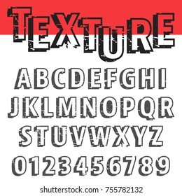 Alphabet font template. Set of letters and numbers old texture design. Vector illustration.