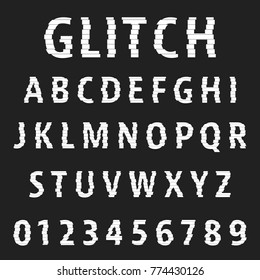 Alphabet font template. Set of letters and numbers glitch effect design. Vector illustration.