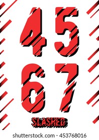 Alphabet font template. Set of numbers 4, 5, 6, 7 logo or icon. Slashed design. Vector illustration.