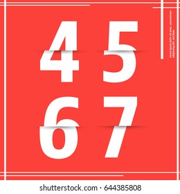 Alphabet font template. Set of numbers 4, 5, 6, 7 logo or icon cutting paper design. Vector illustration.