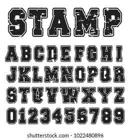 Alphabet font template. Vintage letters and numbers black stamp design. Vector illustration.
