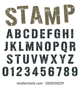 Alphabet font template. Vintage letters and numbers stamp army design. Vector illustration.