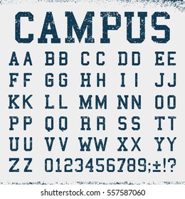 Alphabet Font Template. Vintage Letters And Numbers College Campus Design. Vector Illustration.