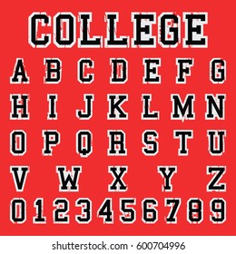 Alphabet font template. Vintage letters and numbers college campus design. Vector illustration.