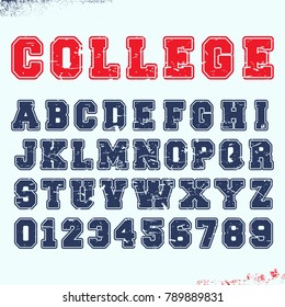 Alphabet Font Template. Vintage Letters And Numbers College Campus T-shirt Design. Vector Illustration.