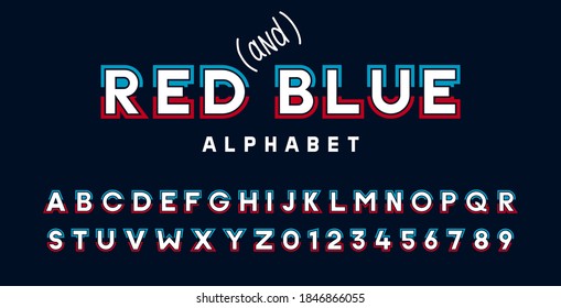 Alphabet font typeface in red, white and blue. Stylized Typographic vector design